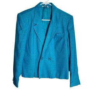 Vintage Gilmor Blazer Jacket‎ Womens 10 Turquoise Rayon Flax Double Breasted